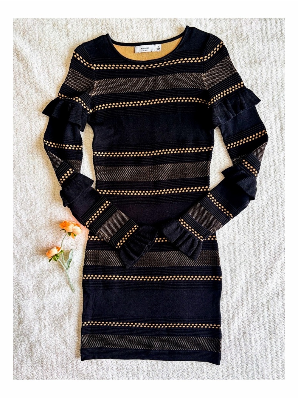 Ali & Jay Black and Tan Sweater Mini Dress Ruffle Sleeve Open Knit Bodycon S